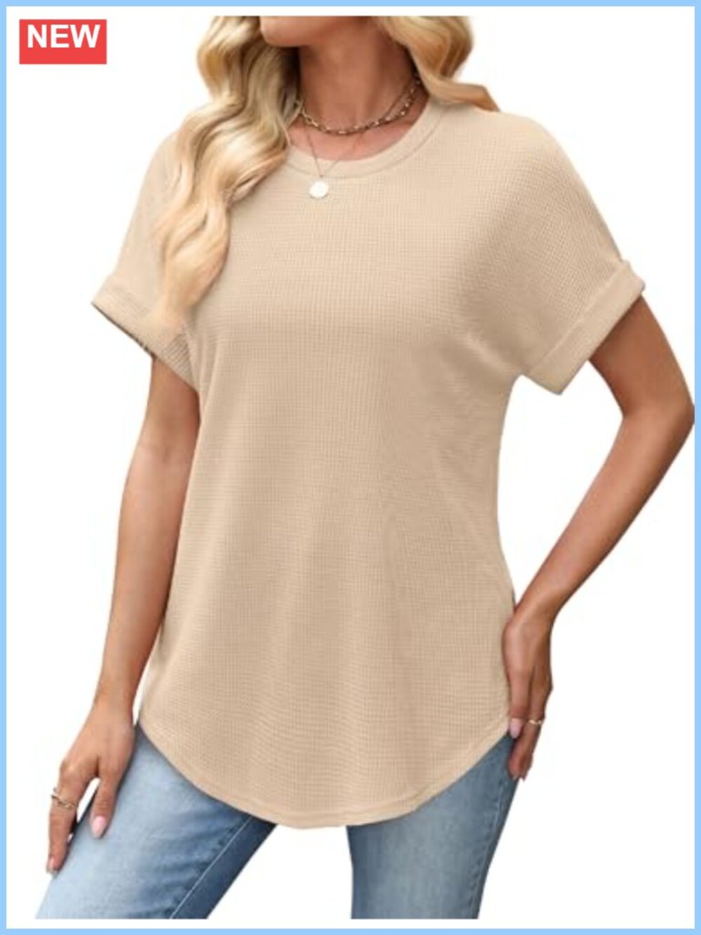 Waffle Knit Short Sleeve Crew Neck Top Women Loose Fit Summer Tee Tunic Curved - Picture 3 of 4